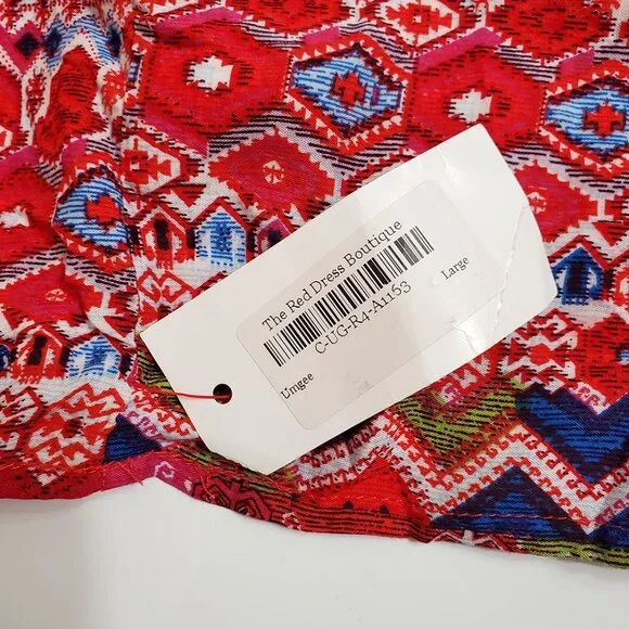 UMGEE Women Mini Dress L Red Tribal Boho 3/4 Sleeve Tassels Cotton Blend… - Picture 8 of 11